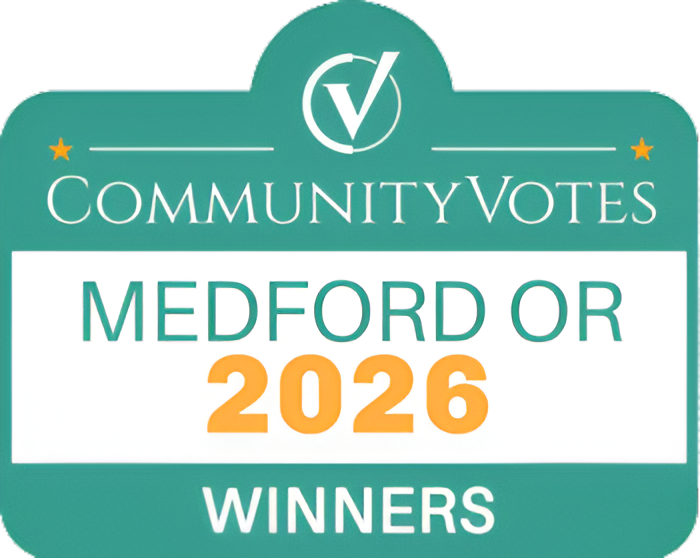 Teal badge with 'Community Votes' logo, reading 'MEDFORD OR 2026 WINNERS'